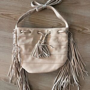 “DiFranzo Leather” fringe  Beige Crossbody Bag